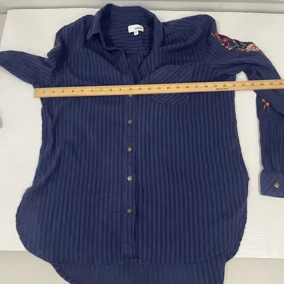 Sonoma Women L Embroidered Button Up Shirt Collared Cotton Gauzy Top Blue Tunic - Picture 6 of 10